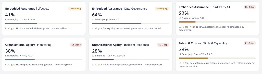 Observatory gap cards showing maturity scores across assurance and agility pillars.